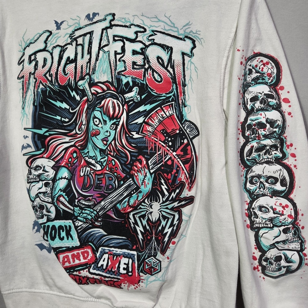 Six Flags Fright Fest Shock Axe Zombie Girl UnDeb Small White Crew Sweatshirt - Picture 2 of 7